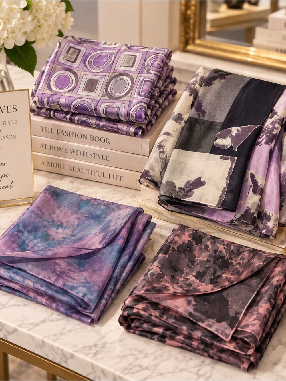 Silk Scarves 4 Pack ( 3 silk and 1 polyester)
Shades of Purple.